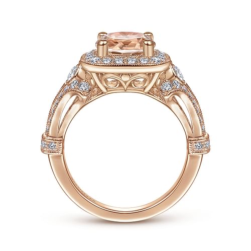 Delilah - Vintage Inspired 14K Rose Gold Round Halo Morganite and Diamond Engagement Ring - 0.7 ct - Shot 2