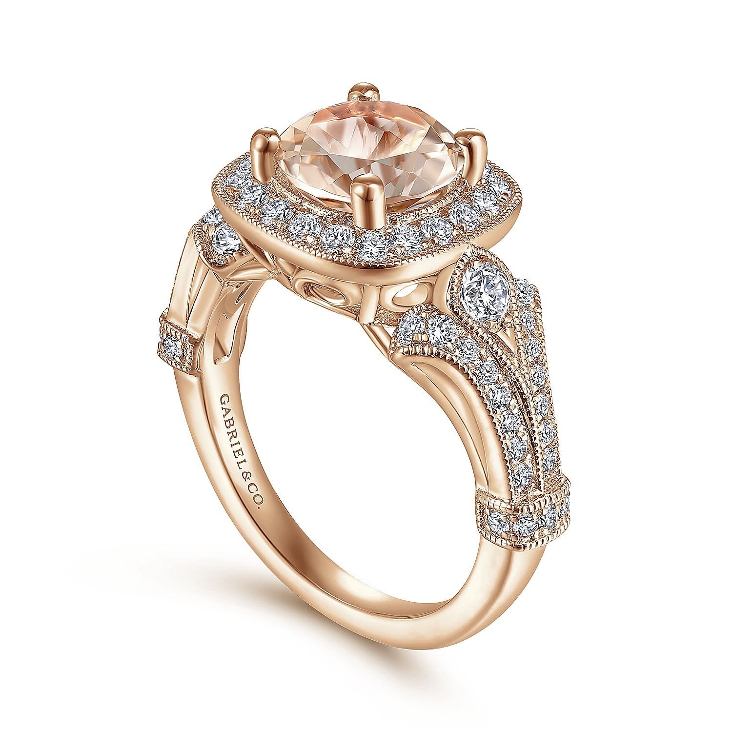 Delilah - Vintage Inspired 14K Rose Gold Round Halo Morganite and Diamond Engagement Ring