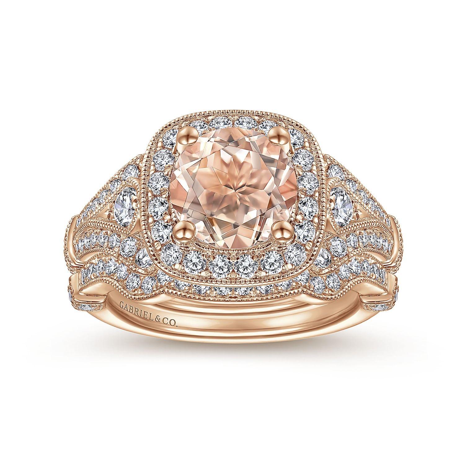 Delilah - Vintage Inspired 14K Rose Gold Round Halo Morganite and Diamond Engagement Ring