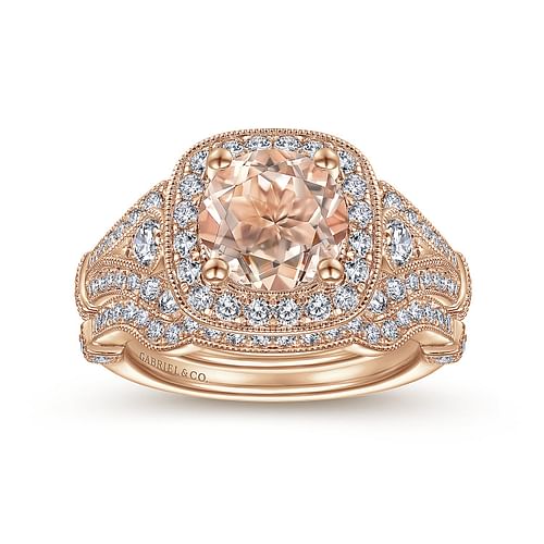 Delilah - Vintage Inspired 14K Rose Gold Round Halo Morganite and Diamond Engagement Ring - 0.7 ct - Shot 4