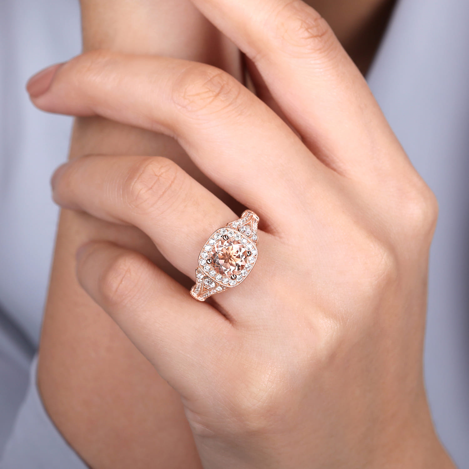 Delilah - Vintage Inspired 14K Rose Gold Round Halo Morganite and Diamond Engagement Ring