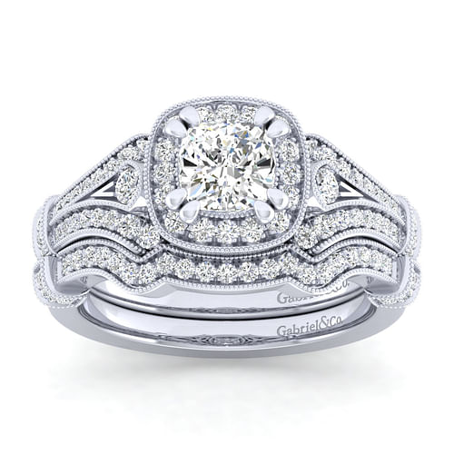 Delilah - Vintage Inspired 14K White Gold Cushion Halo Diamond Engagement Ring - 0.34 ct - Shot 4