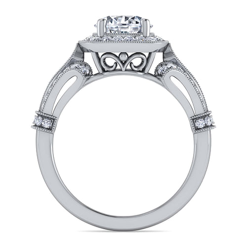 Delilah - Vintage Inspired 14K White Gold Cushion Halo Round Diamond Engagement Ring - 0.44 ct - Shot 2