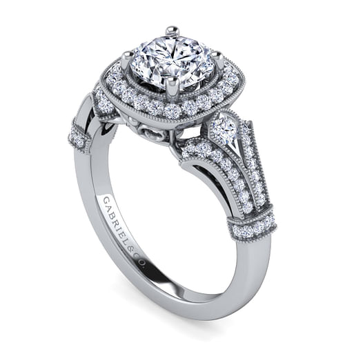 Delilah - Vintage Inspired 14K White Gold Cushion Halo Round Diamond Engagement Ring - 0.44 ct - Shot 3