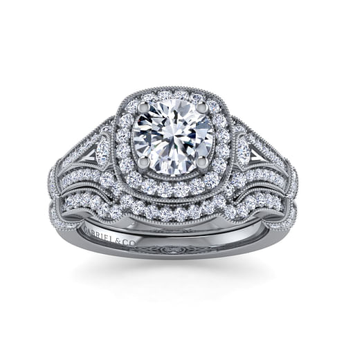Delilah - Vintage Inspired 14K White Gold Cushion Halo Round Diamond Engagement Ring - 0.44 ct - Shot 4