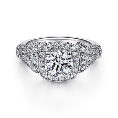 Delilah - Vintage Inspired 14K White Gold Cushion Halo Round Diamond Engagement Ring