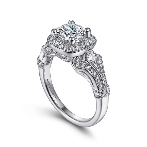 Delilah - Vintage Inspired 14K White Gold Cushion Halo Round Diamond Engagement Ring - 0.39 ct - Shot 3