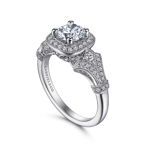 Delilah - Vintage Inspired 14K White Gold Cushion Halo Round Diamond Engagement Ring - 0.32 ct - Shot 3