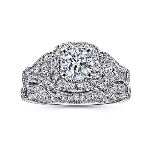 Delilah - Vintage Inspired 14K White Gold Cushion Halo Round Diamond Engagement Ring - 0.32 ct - Shot 4