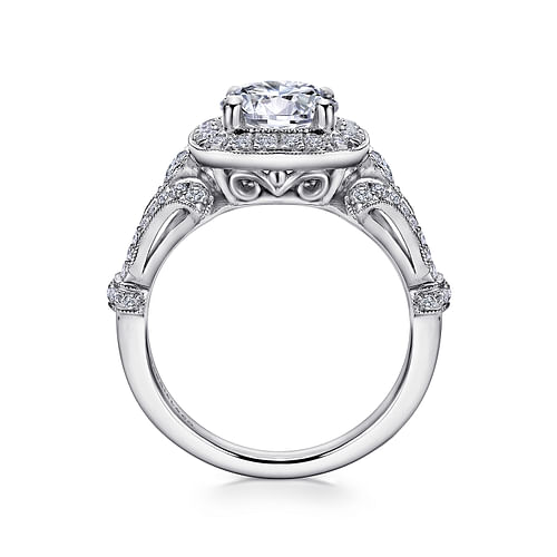 Delilah - Vintage Inspired 14K White Gold Cushion Halo Round Diamond Engagement Ring - 0.58 ct - Shot 2
