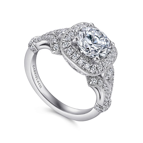 Delilah - Vintage Inspired 14K White Gold Cushion Halo Round Diamond Engagement Ring - 0.58 ct - Shot 3
