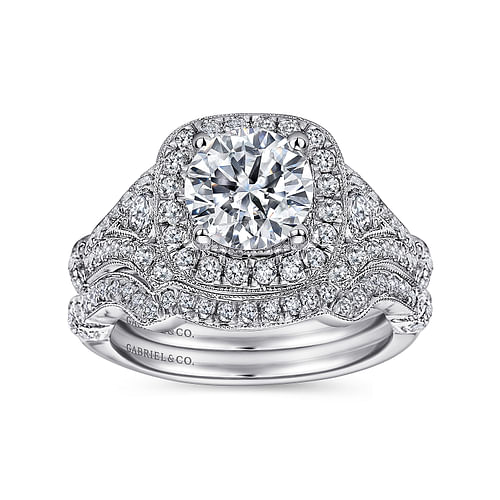 Delilah - Vintage Inspired 14K White Gold Cushion Halo Round Diamond Engagement Ring - 0.58 ct - Shot 4