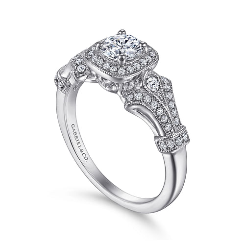 Delilah - Vintage Inspired 14K White Gold Cushion Halo Round Diamond Engagement Ring - 0.25 ct - Shot 3