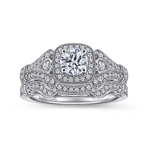 Delilah - Vintage Inspired 14K White Gold Cushion Halo Round Diamond Engagement Ring - 0.25 ct - Shot 4