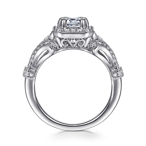 Delilah - Vintage Inspired 14K White Gold Halo Emerald Cut Diamond Engagement Ring - 0.38 ct - Shot 2