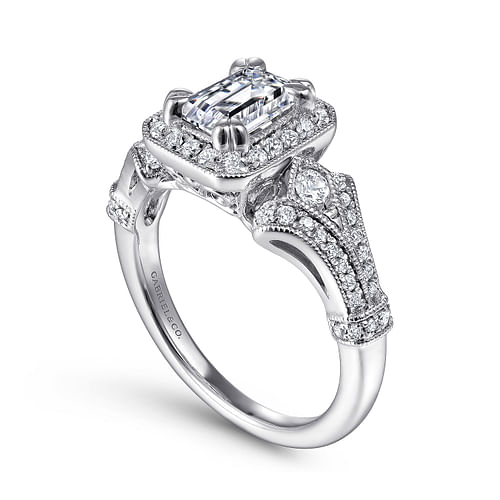 Delilah - Vintage Inspired 14K White Gold Halo Emerald Cut Diamond Engagement Ring - 0.38 ct - Shot 3