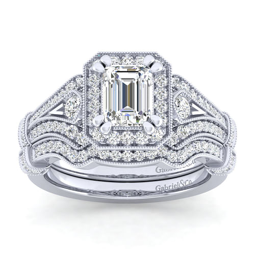 Delilah - Vintage Inspired 14K White Gold Halo Emerald Cut Diamond Engagement Ring - 0.38 ct - Shot 4