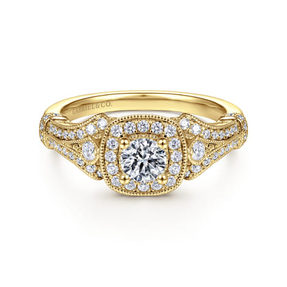 Delilah - Vintage Inspired 14K Yellow Gold Cushion Halo Round Complete Diamond Engagement Ring