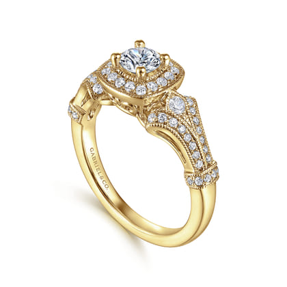 Delilah - Vintage Inspired 14K Yellow Gold Cushion Halo Round Complete Diamond Engagement Ring