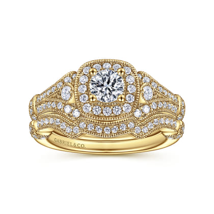 Delilah - Vintage Inspired 14K Yellow Gold Cushion Halo Round Complete Diamond Engagement Ring