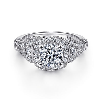 Delilah - Vintage Inspired Platinum Cushion Halo Round Diamond Engagement Ring