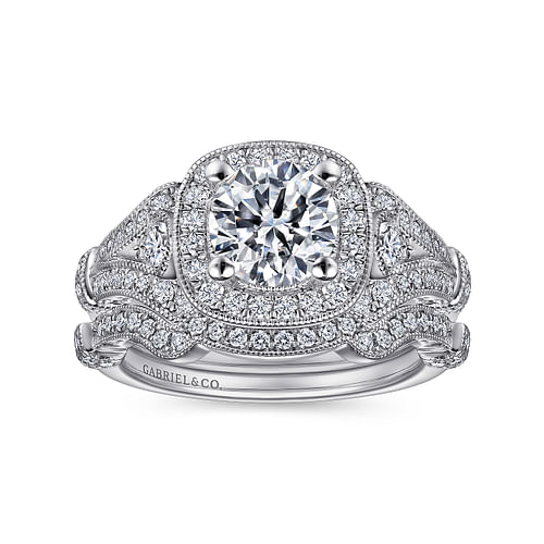 Delilah - Vintage Inspired Platinum Cushion Halo Round Diamond Engagement Ring - 0.39 ct - Shot 4