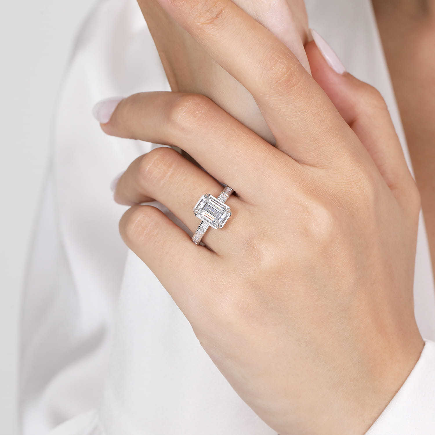 Delphe - 14K White Gold Emerald Cut Diamond Engagement Ring