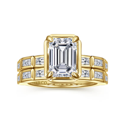 Delphe - 14K Yellow Gold Bezel Prong Emerald Cut Diamond Engagement Ring