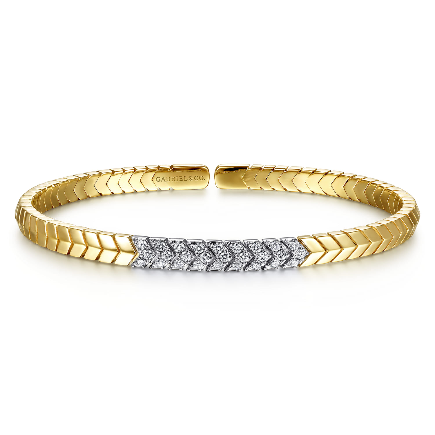 Demure - 14 Yellow Gold Chevron Cuff Bangle Bracelet with White Gold Diamond Pave Station - 0.35 ct - Shot 1