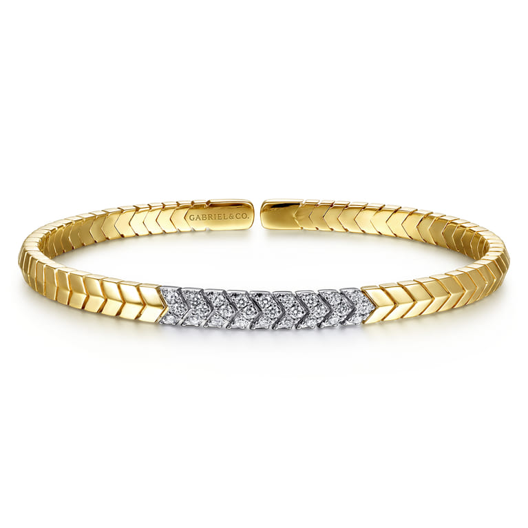 Demure - 14 Yellow Gold Chevron Cuff Bangle Bracelet with White Gold Diamond Pave Station - 0.35 ct - Shot 1
