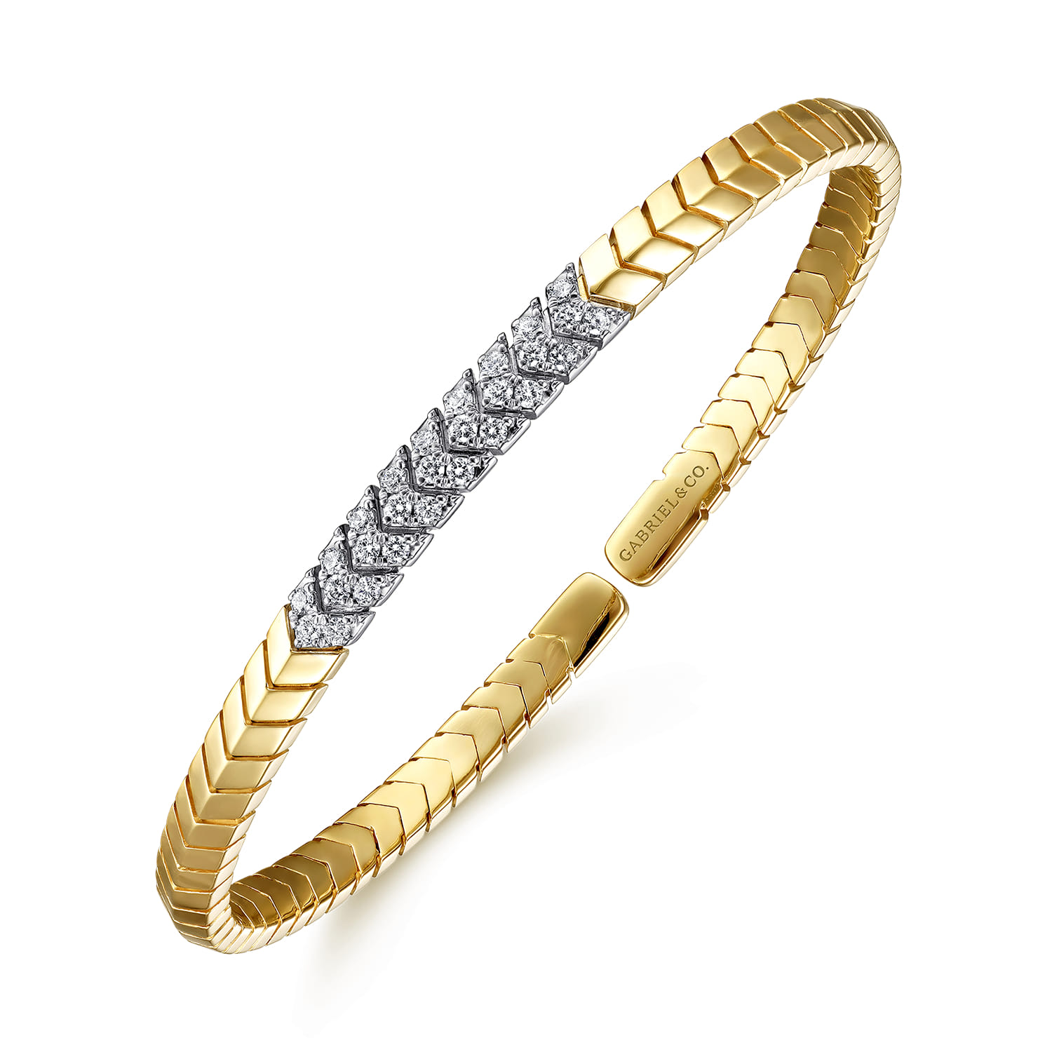 Demure - 14 Yellow Gold Chevron Cuff Bangle Bracelet with White Gold Diamond Pave Station - 0.35 ct - Shot 2