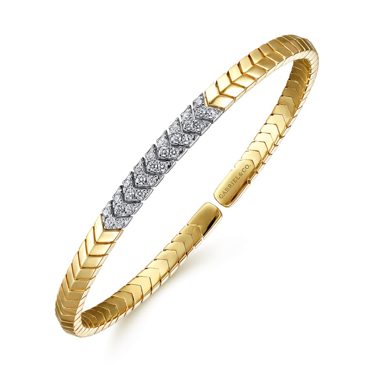 Demure - 14 Yellow Gold Chevron Cuff Bangle Bracelet with White Gold Diamond Pave Station - 0.35 ct - Shot 2