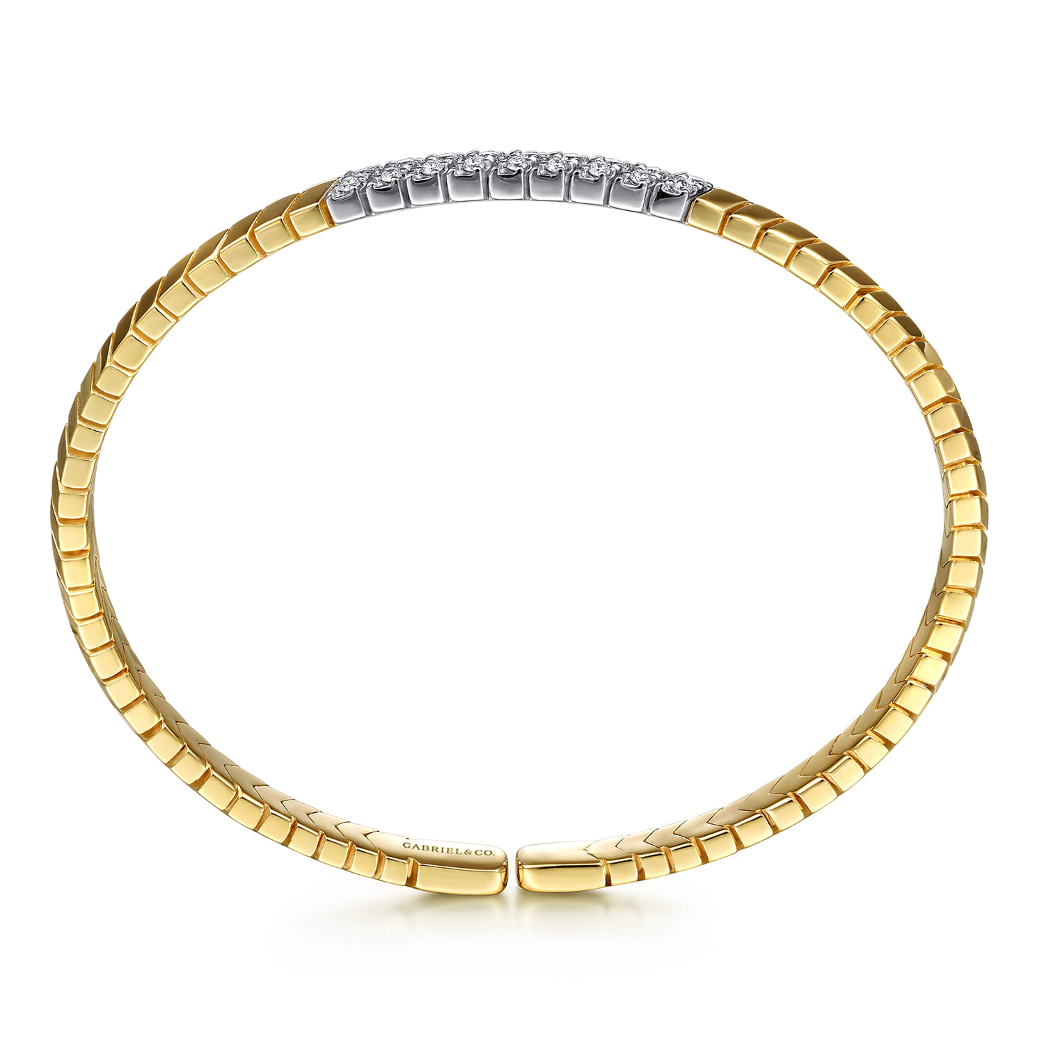 Demure - 14 Yellow Gold Chevron Cuff Bangle Bracelet with White Gold Diamond Pave Station - 0.35 ct - Shot 3