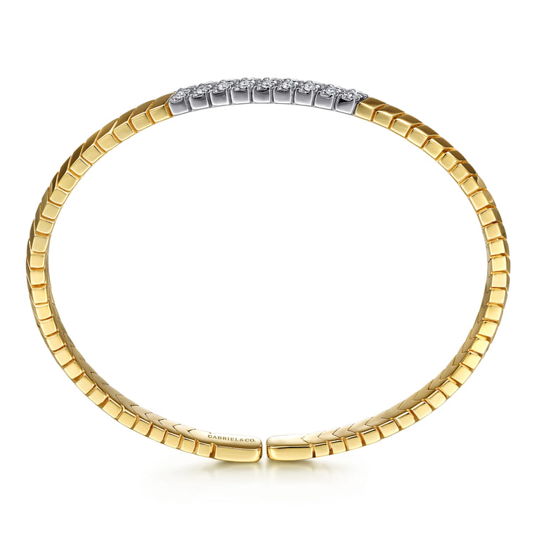 Demure - 14 Yellow Gold Chevron Cuff Bangle Bracelet with White Gold Diamond Pave Station - 0.35 ct - Shot 3