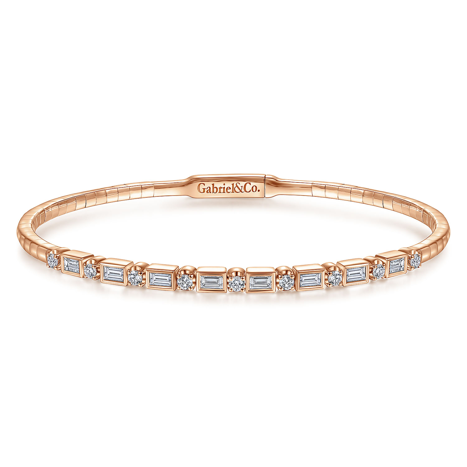 Demure - 14K Rose Gold Alternating Baguette and Round Diamond Bangle