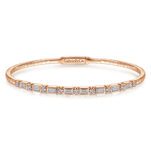 Demure - 14K Rose Gold Alternating Baguette and Round Diamond Bangle