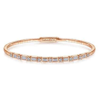 Demure - 14K Rose Gold Alternating Baguette and Round Diamond Bangle