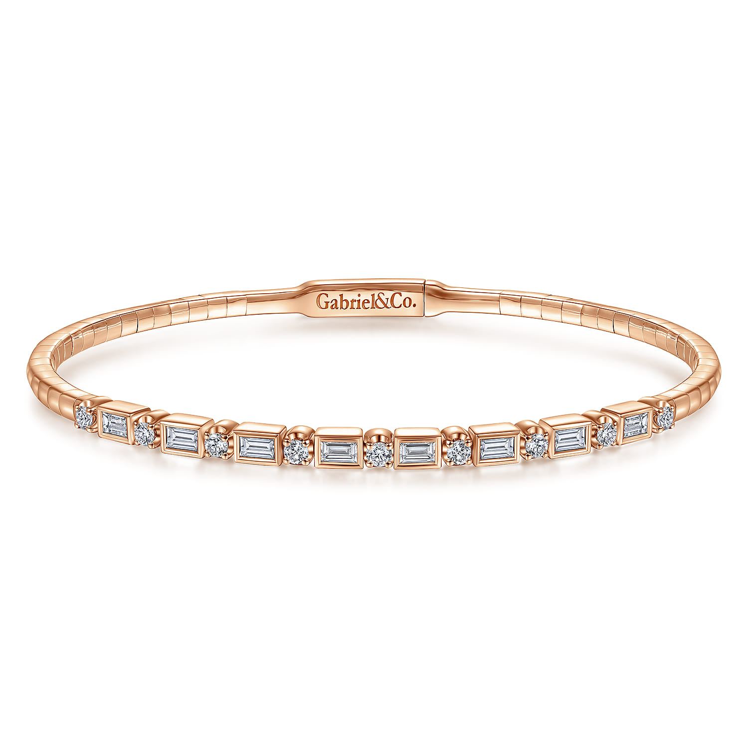 Demure - 14K Rose Gold Alternating Baguette and Round Diamond Bangle - 0.85 ct - Shot 1