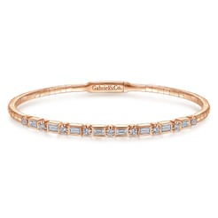 14K Rose Gold Alternating Baguette and Round Diamond Bangle