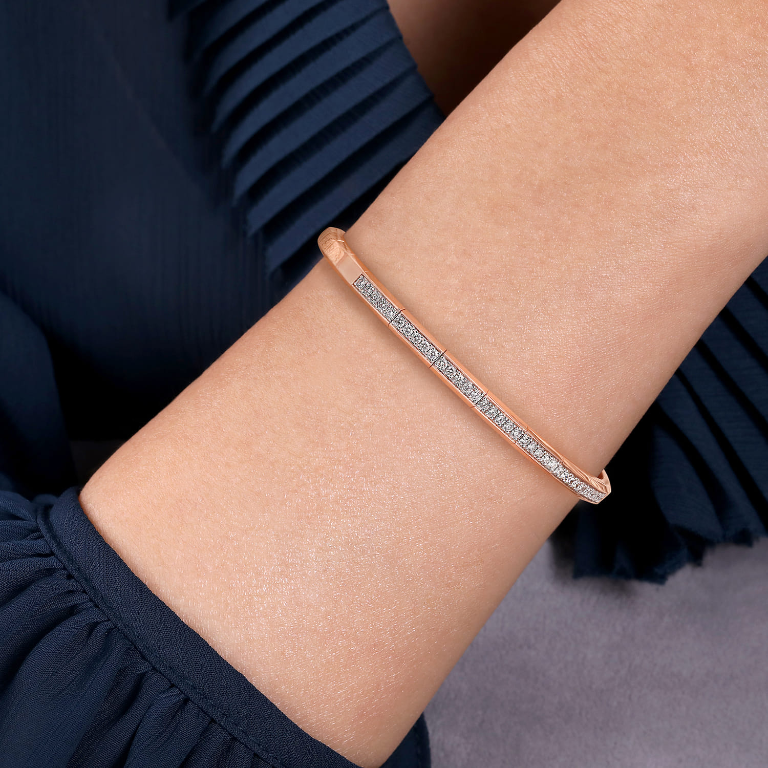 Demure - 14K Rose Gold Cuff Bracelet with Diamond Inner Channel - 0.6 ct - Shot 4