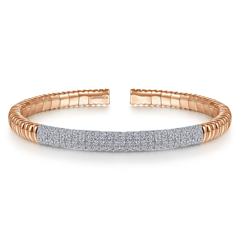 Demure - 14K Rose Gold Cuff Bracelet with Diamond Pave Station - 1.65 ct - Shot 1