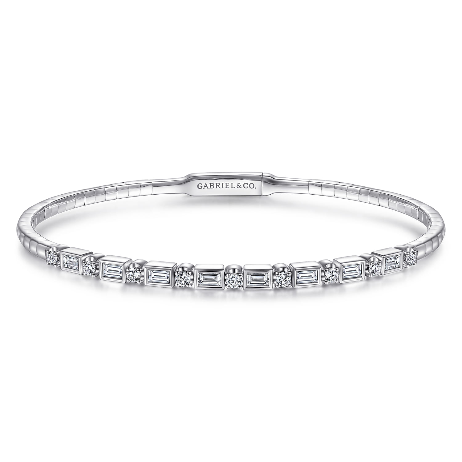Demure - 14K White Gold Alternating Baguette and Round Diamond Bangle Bracelet - 0.85 ct - Shot 1
