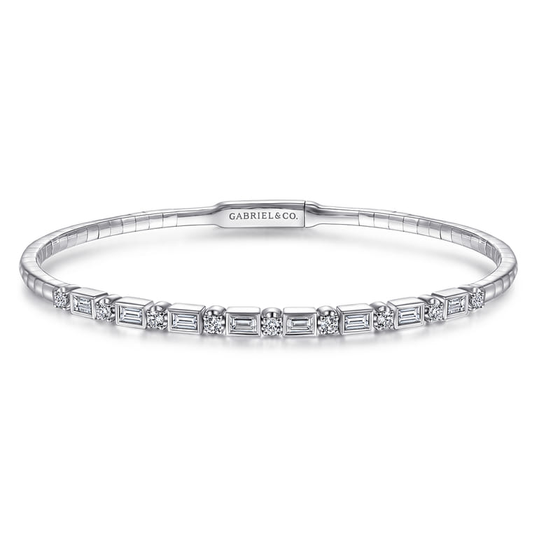 Demure - 14K White Gold Alternating Baguette and Round Diamond Bangle Bracelet - 0.85 ct - Shot 1