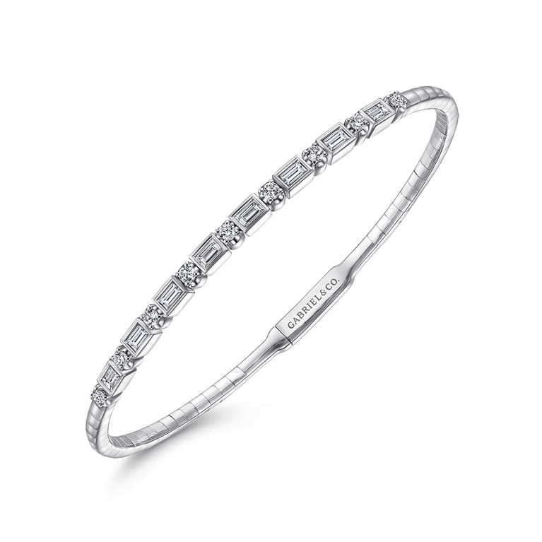 Demure - 14K White Gold Alternating Baguette and Round Diamond Bangle Bracelet - 0.85 ct - Shot 2