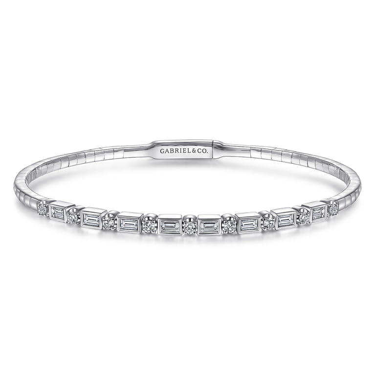 Demure - 14K White Gold Alternating Baguette and Round Diamond Bangle - 0.88 ct - Shot 1