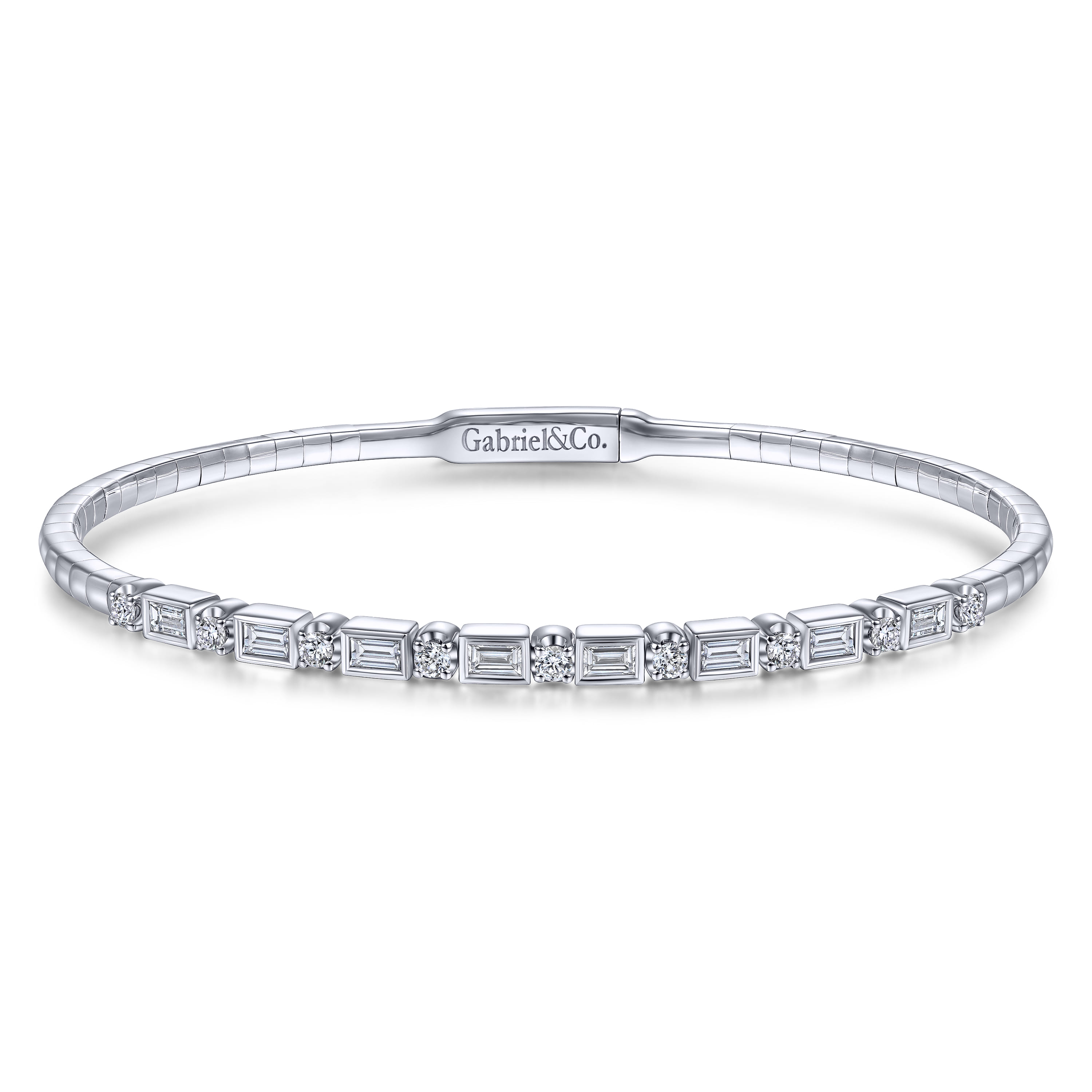 Demure - 14K White Gold Alternating Baguette and Round Diamond Bangle - 0.85 ct - Shot 1