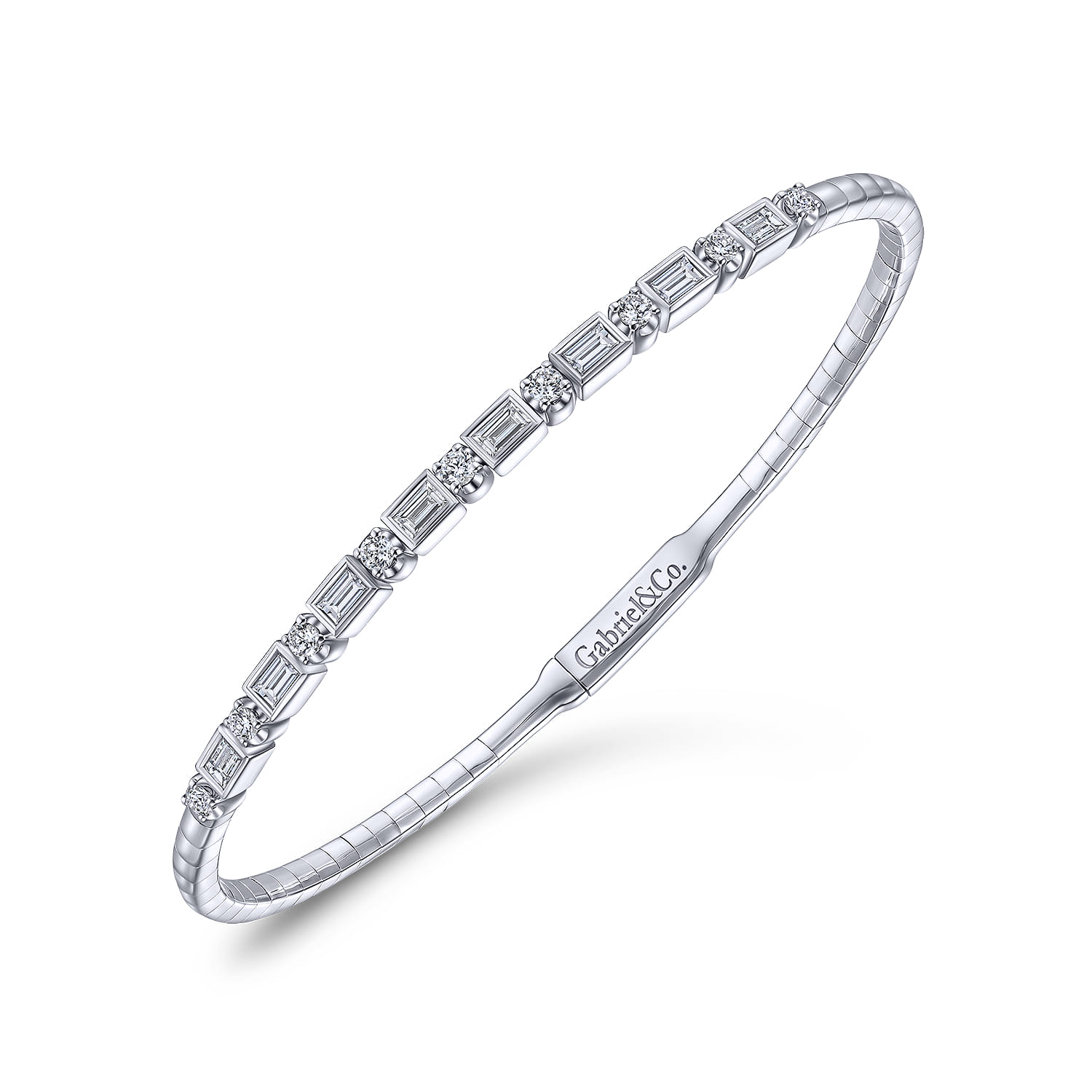 Demure - 14K White Gold Alternating Baguette and Round Diamond Bangle - 0.85 ct - Shot 2