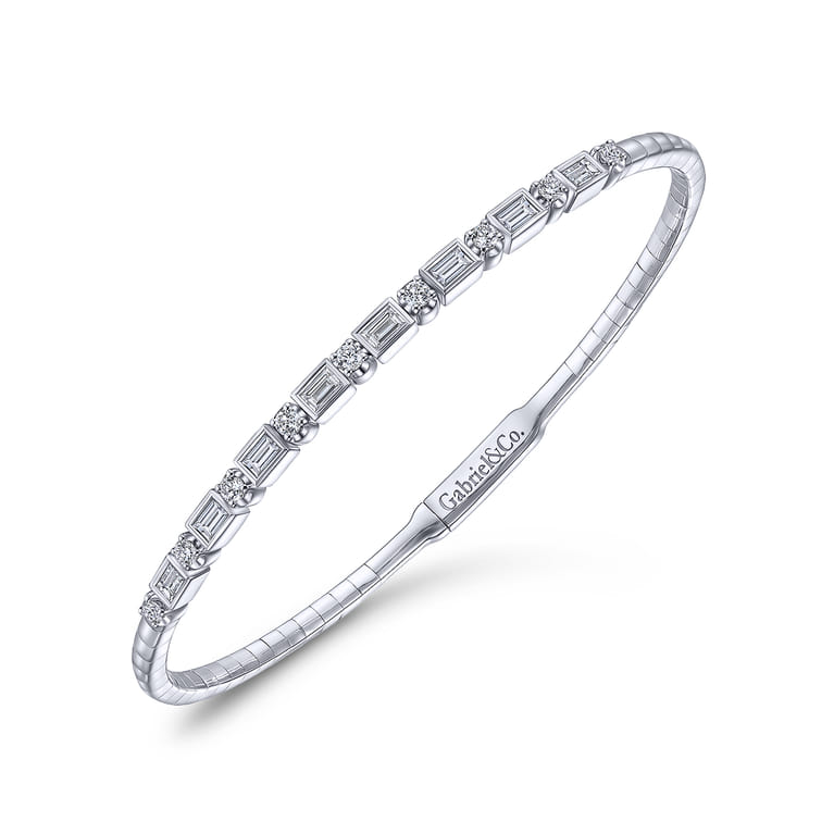 Demure - 14K White Gold Alternating Baguette and Round Diamond Bangle - 0.85 ct - Shot 2