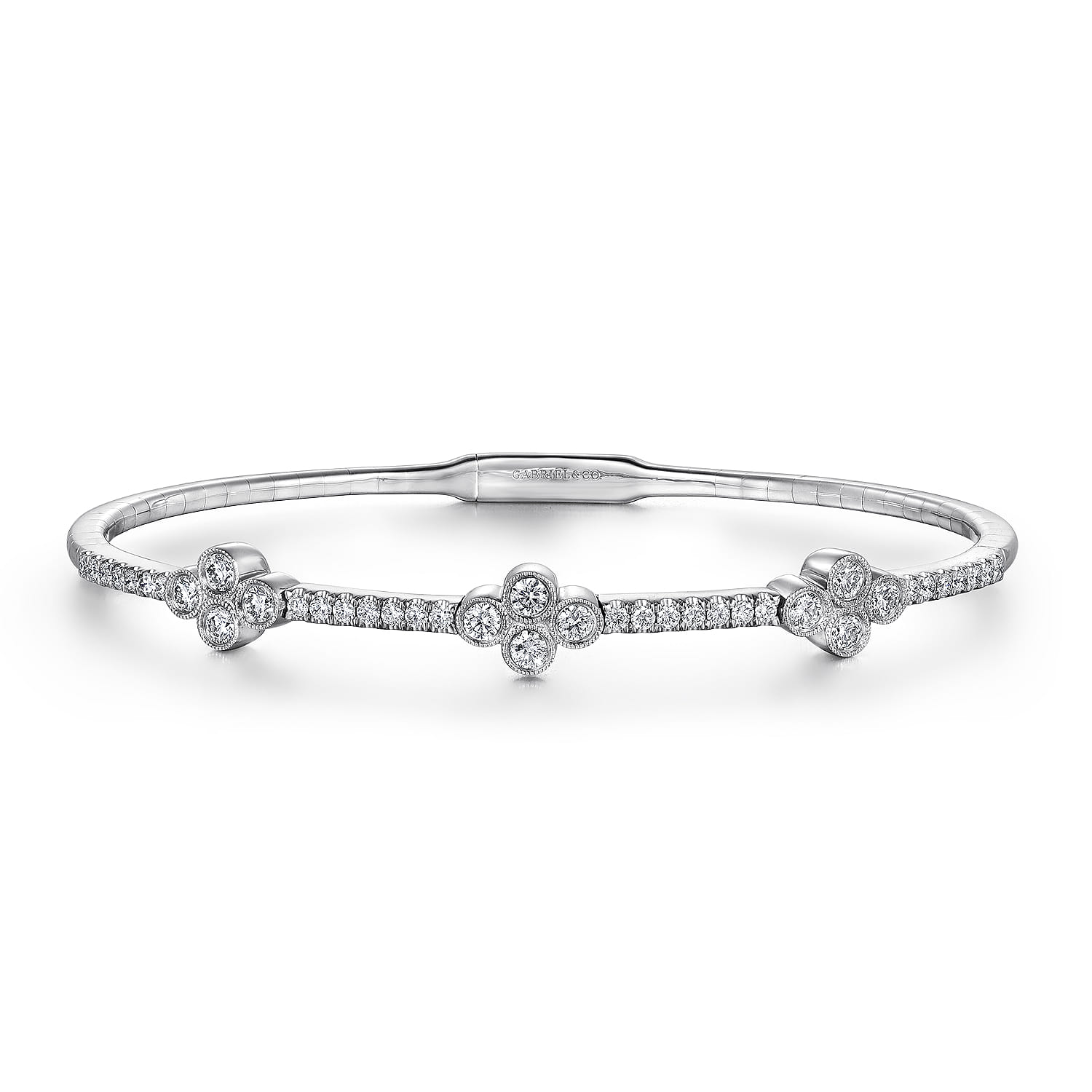 Demure - 14K White Gold Bangle with Clover Diamond Stations - 1 ct - Shot 1