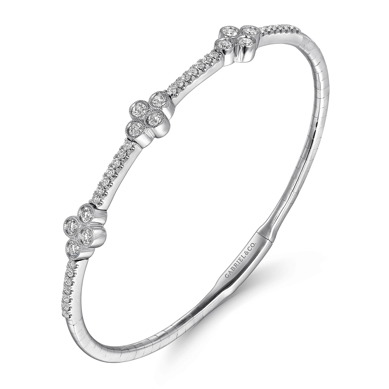Demure - 14K White Gold Bangle with Clover Diamond Stations - 1 ct - Shot 2